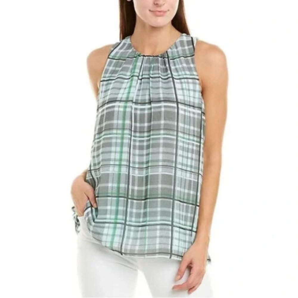 VINCE CAMUTO Women's Green Gray White Plaid Shades Sleeveless Blouse Size XS NEW